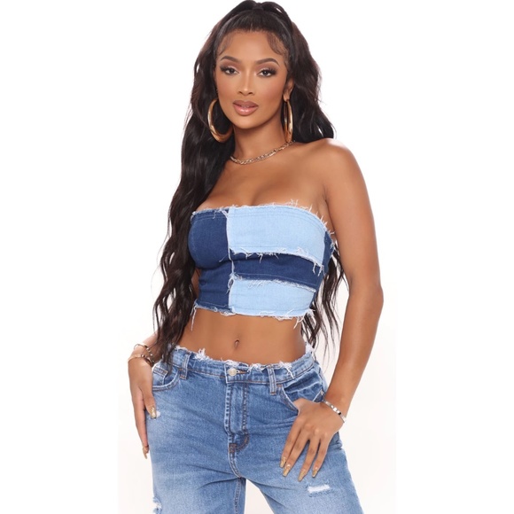 Patchwork Straight Leg Jeans + Patchwork Tube Top - Picture 3 of 11